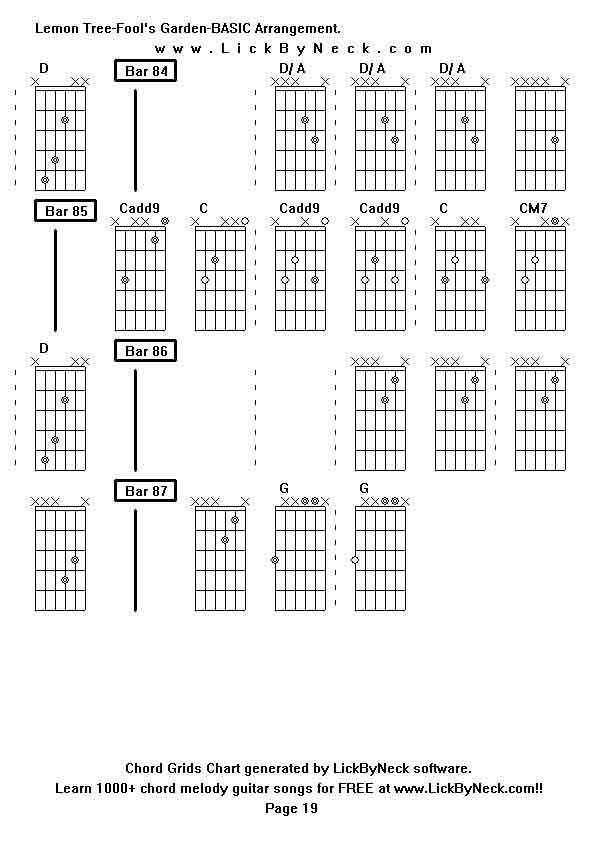 Chord Grids Chart of chord melody fingerstyle guitar song-Lemon Tree-Fool's Garden-BASIC Arrangement,generated by LickByNeck software.